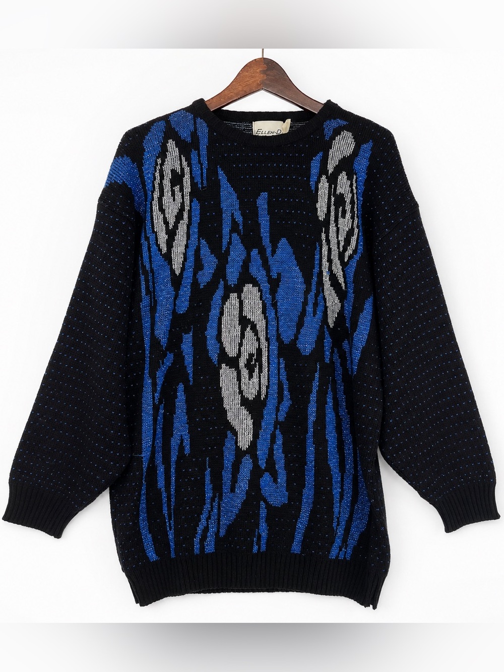 Vintage 80s Ellen-D Metallic Abstract Sweater Black Blue Silver M